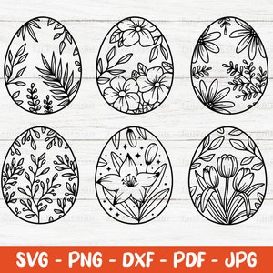 Blumen Ostereier SVG-Schnittdateien. Set mit 6 Frühling handgezeichneten Ei Designs. Persönliche und Kommerzielle Nutzung. Digitaler Download.