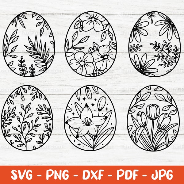 Floral Easter eggs SVG cut files. Set of 6 Spring hand drawn egg designs. Personal and Commercial use. Digital download.