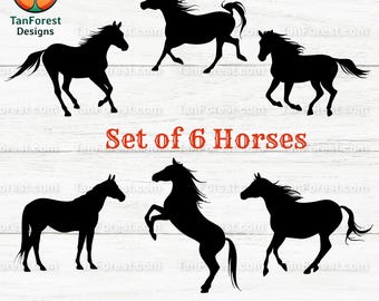 Paquete de silueta de caballo SVG / Juego de 6 archivos de corte de caballo para Cricut y Silhouette / Wild Mustang Clipart PNG Dxf / Estilo vaquero occidental.