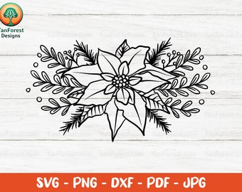 Poinsettia Outline SVG, Hand Drawn Christmas Flower (Cut Files)