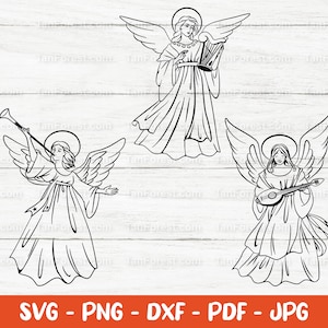 3 anjos svg sólidos e contornos, anjo desenhado à mão, coro angelical, anjo de Natal, svg cristão religioso. Cortar arquivos para Cricut e Silhouette