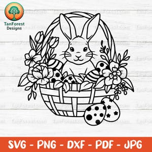 Lapin de Pâques SVG, mignon lapin avec panier, Clipart floral d'oeufs de Pâques, Christian Png, téléchargement numérique de printemps, fichier de coupe Cricut Silhouette.