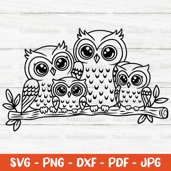 Cute Owl Family SVG outline cut file. Baby owl svg, Owl Clipart, Woodland animal svg. Bird svg. Kawaii svg. Cut files for Cricut Silhouette