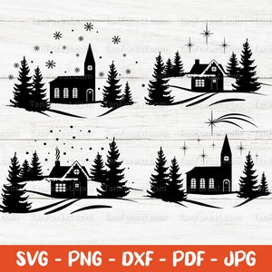 Escena de invierno svg, Escena de Navidad svg, Paisaje nevado svg, Diseño de camisa de invierno, Diseño de almohada de invierno, Cortar archivos para Cricut y Silhouette