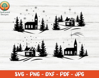 Escena de pueblo invernal SVG, archivos de corte navideños (descarga digital)