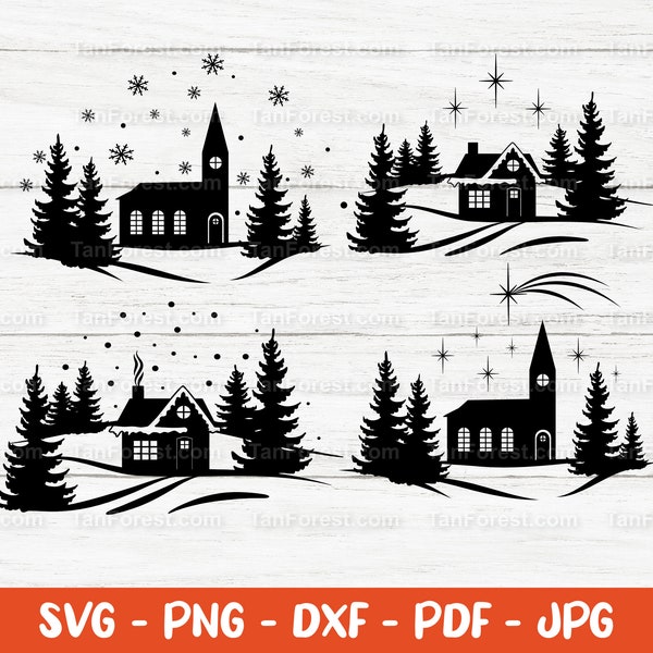 Winter scene svg, Christmas scene svg, Snowy scenery svg, Winter shirt design, Winter pillow design, Cut files for Cricut and Silhouette