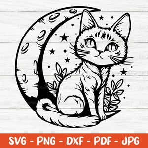 Cat SVG, Outline design. Cute cat svg, Moon cat svg, Magical cat svg, Celestial cat, mystical cat svg, Cut files for Cricut & Silhouette.