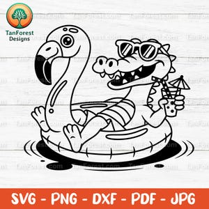 May include: Black and white graphic of a cartoon alligator wearing sunglasses, floating on a flamingo-shaped pool float. The alligator holds a drink with a tiny umbrella. The image includes the text "SVG - PNG - DXF - PDF - JPG".