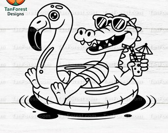 Funny Cartoon Crocodile SVG Relaxing on Flamingo Pool Float with Drink. Outline Summer Design for Cricut, Sublimation, Kids & Beach Projects
