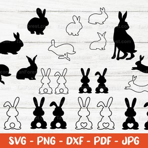 Bundle SVG lapin, solide et contour, fichiers coupés Pâques. Clipart de Pâques, lapin svg, svg de Pâques de lapin, spectacle lapin svg, svg lièvre, lapin Cricut.