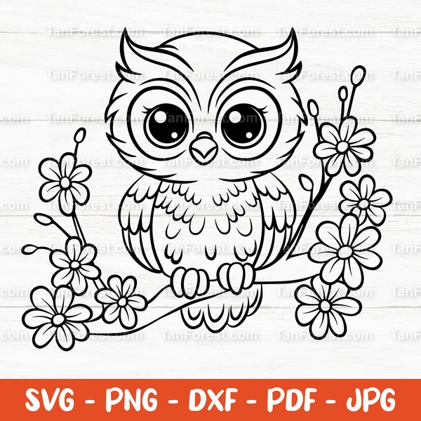 Eule SVG Konturschnittdatei. Baby Eule svg, Blumen Niedliche Eule svg. Waldtier svg. Vogel svg. Kawaii svg. Schneide Dateien für Cricut und Silhouette.