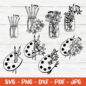 Künstlerbedarf SVG Umriss-Schnittdateien. Handgezeichnete svg Designs. Glas mit Pinseln svg, Blumenpalette svg Dateien für Cricut Silhouette png dxf