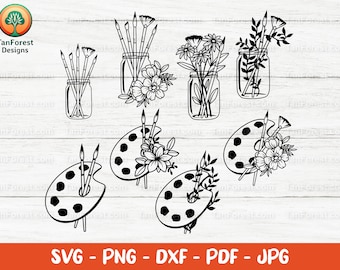 Artist Supplies SVG outline cut files. Hand drawn svg designs. Jar with brushes Svg, Floral palette Svg. Files for Cricut Silhouette png dxf