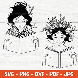 Meisje leesboek SVG overzicht gesneden bestand. Floral vrouw SVG clipart, boek minnaar SVG, bibliothecaris, SVG, DXF, PNG cut-bestanden voor Cricut & silhouet