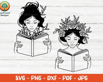 Girl reading book SVG outline cut file. Floral woman svg Clipart, Book lover svg, Librarian, Svg, dxf, png Cut files for Cricut & Silhouette