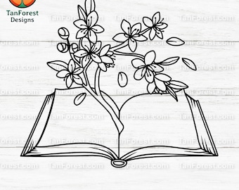 Libro floral SVG / Libro abierto con flores SVG Archivo de corte / Libro floreciente SVG para Cricut, Silhouette / Lectura, literatura, clipart botánico.