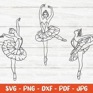 Bailarina svg sólida e contorno, Três dançarinos svg, Ballet svg, Bailarinas desenhadas à mão. Arquivos de corte de balé para Cricut e Silhouette.