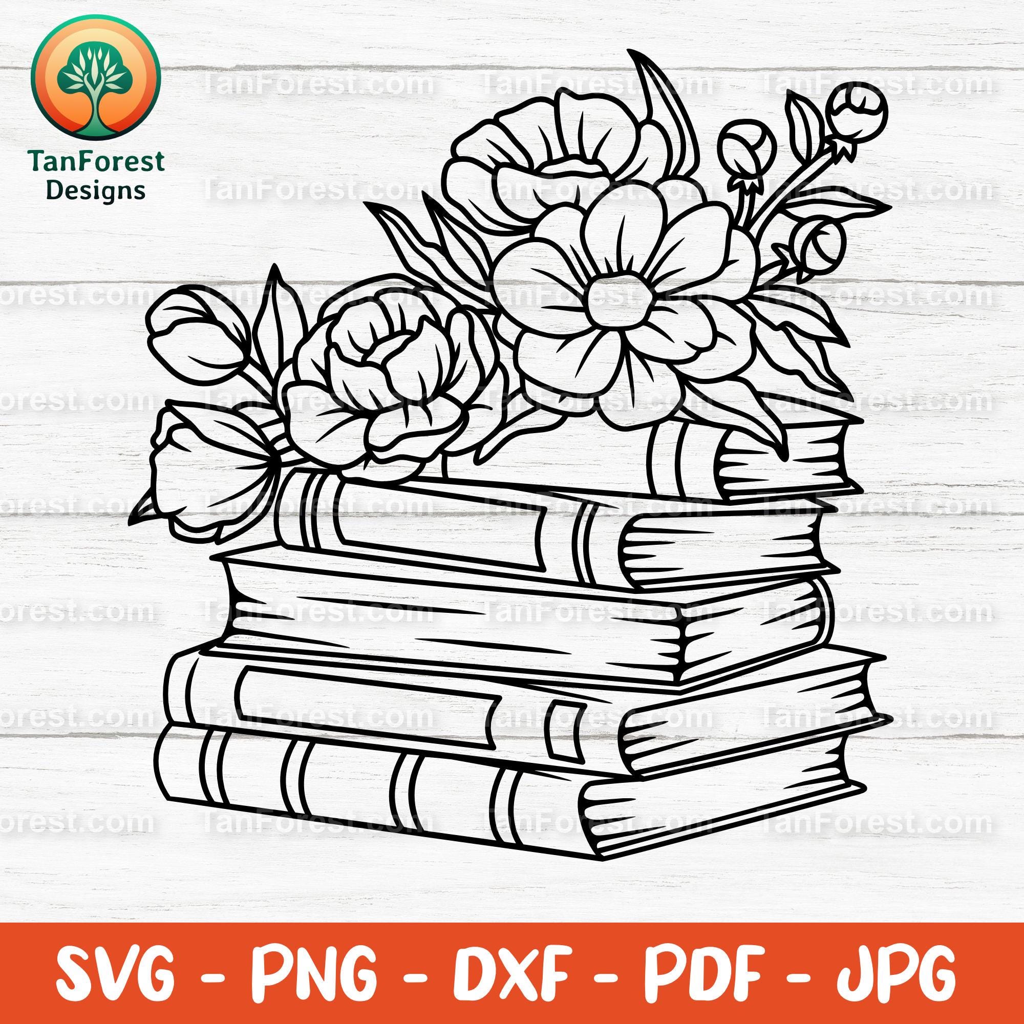 Floral Book Stack SVG | Digital Download | Book Lover Outline Design ...