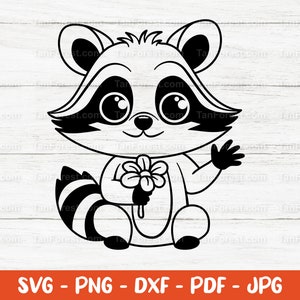 Fichier de découpe SVG bébé raton laveur. Svg de raton laveur avec fleur. Joli animal des bois. Images vectorielles drôles, dxf, png. Fichiers pour Cricut, Silhouette.