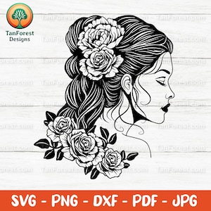 Floral Woman SVG Outline Cut File, Woman with Flowers Clipart, Beautiful Lady Profile for Silhouette & Cricut, Girl with Roses Vector.