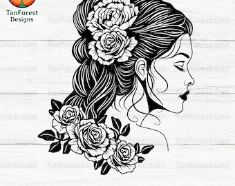 Archivo de corte de contorno SVG de mujer floral, clipart de mujer con flores, hermoso perfil de dama para silueta y Cricut, vector de niña con rosas.