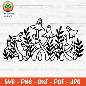 Puede incluir: Dibujo lineal en blanco y negro de setas y hojas estilizadas. El diseño incluye varios sombreros de setas con detalles punteados y tallos curvos, entrelazados con elementos de hojas. La parte inferior de la imagen muestra el texto "SVG - PNG - DXF - PDF - JPG".