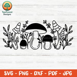 Mushroom Forest SVG, Woodland Fungi Row Clipart, Nature Line Art PNG, Fall Design, Botanical Outline Cut File, Digital Download for Crafts.