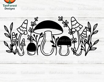 Bosque de hongos SVG, Clipart de hilera de hongos del bosque, Arte lineal natural PNG, Diseño de otoño, Archivo de corte de contorno botánico, Descarga digital para manualidades.