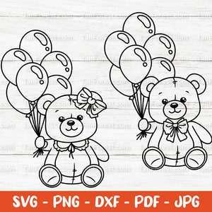 Ours en peluche mignon avec contour ballons SVG PNG DXF. Couper des fichiers Cricut Silhouette. Clipart ours en peluche garçon et fille. Coloriage ours en peluche svg