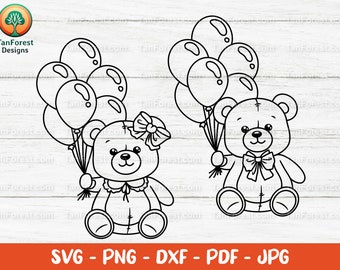 Cute Teddy Bear with Balloons SVG PNG DXF Outline. Cut files Cricut Silhouette. Boy & Girl Teddy Bear Clipart. Coloring page Teddybear svg