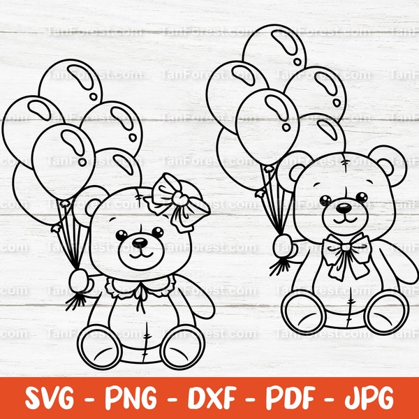 Cute Teddy Bear with Balloons SVG PNG DXF Outline. Cut files Cricut Silhouette. Boy & Girl Teddy Bear Clipart. Coloring page Teddybear svg