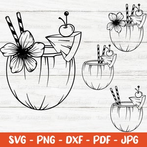 May include: Black and white line art illustration of three coconut cocktails with cherries, pineapple slices, and straws. The coconuts are decorated with flowers.