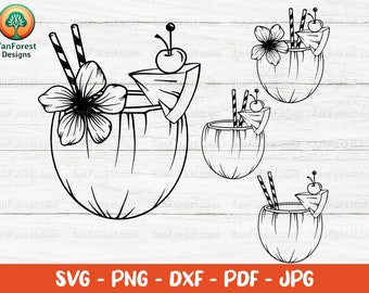 Cóctel de coco SVG, archivos de corte de bebida tropical (descarga digital)