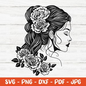 Mulher floral SVG, Rosto de mulher svg, Retrato de mulher svg, Florista svg, Cabelo de mulher svg, Feminino svg, Design vetorial desenhado à mão. Svg, png, dxf.