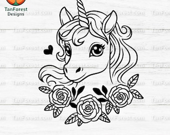 Cute Unicorn SVG with Floral Wreath, Vector Outline Design, Kawaii Fantasy Design for Girls, Digital Download, Cricut & Silhouette Projects.