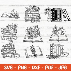 Boeken SVG, boekstapel SVG, lezing SVG, boek clipart, bloemenboeken SVG, bloemboek SVG, boek minnaar SVG, bibliothecaris, gesneden bestanden SVG, PNG, DXF