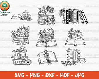 Peut inclure: Un ensemble de huit images clipart numériques en noir et blanc représentant des livres et des fleurs. Les images comprennent une pile de livres surmontée de fleurs, un livre avec des fleurs qui en sortent, une pile de livres avec une tasse de café et un livre avec une brindille de lavande.