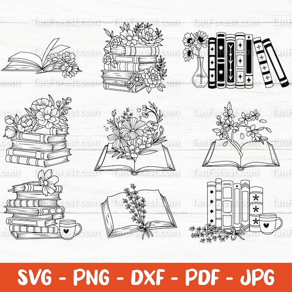 Books SVG, Book stack svg, Reading svg, Book Clipart, Floral books svg, Flower book svg, Book lover svg, Librarian, Cut files Svg, Png, Dxf