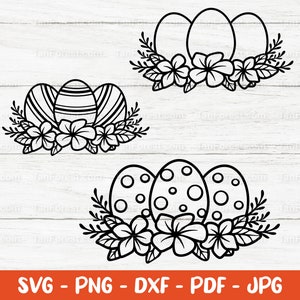 Huevos de Pascua con flores SVG, Huevos de Pascua de contorno, Huevos de Pascua florales svg, Decoración de Pascua svg, Archivos cortados de Pascua para Cricut y Silueta