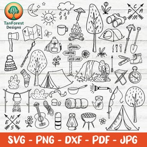 Pacote de contorno SVG de acampamento. Clipart ao ar livre, doodle desenhado à mão, barraca de fogueira férias verão caminhadas Svg png dxf arquivos cortados Silhueta Cricut
