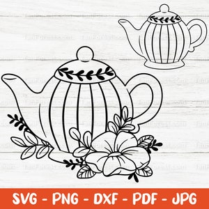 Könnte beinhalten: Eine Schwarzweiß-Zeichnung einer Teekanne mit floralem Design. Die Teekanne hat einen gestreiften Körper und ein florales Design um den Deckel. Die Teekanne ist von Blumen und Blättern umgeben.