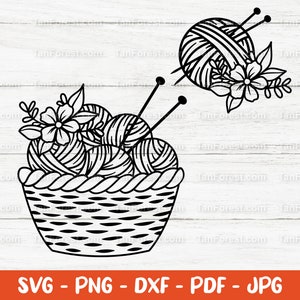 Floraler Garnkorb SVG, Garnball svg Umriss, Stricken svg, Wollgarn svg, Basteln svg, Garn Clipart. Schneide Dateien für Cricut und Silhouette.