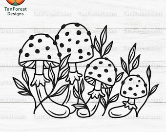 Paquete SVG de hongos / Imágenes prediseñadas de hongos del bosque / Arte lineal dibujado a mano en el bosque / SVG botánico / PNG de contorno de naturaleza / Descarga digital para manualidades