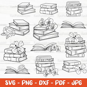 Boeken SVG overzicht, boek stapel SVG, lezen SVG, boek clipart, bloemenboeken SVG, bloem SVG, boek minnaar SVG, bibliothecaris, gesneden bestanden SVG PNG DXF