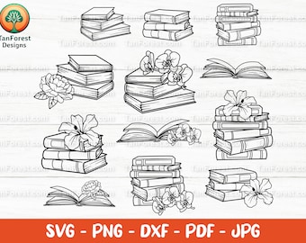 Books SVG outline, Book stack svg, Reading svg, Book Clipart, Floral books svg, Flower svg, Book lover svg, Librarian, Cut files Svg Png Dxf