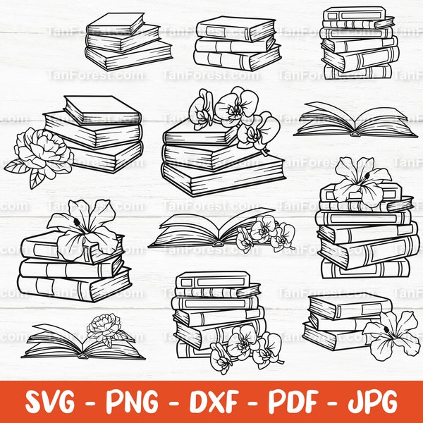 Books SVG, Book stack svg, Reading svg, Book Clipart, Floral books svg, Flower book svg, Book lover svg, Librarian, Cut files Svg, Png, Dxf.