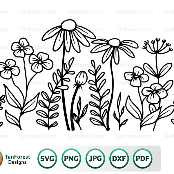 Wildflowers doodle SVG cut file. A design of hand drawn spring wildflowers in a row. Svg, dxf, png, jpg,pdf. Instant Digital Download.