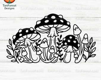 Contorno SVG de hongo caprichoso / Clipart de hongos Amanita / Ilustración forestal estilo cottagecore / Diseño de hongo otoñal / Descarga digital de otoño
