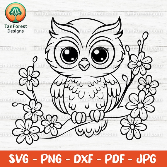 Cue Owl SVG Outline - Cut files for Cricut & Silhouette. Woodland Bird on a Branch Clipart, Floral Owl PNG, Forest Animal Digital Download.