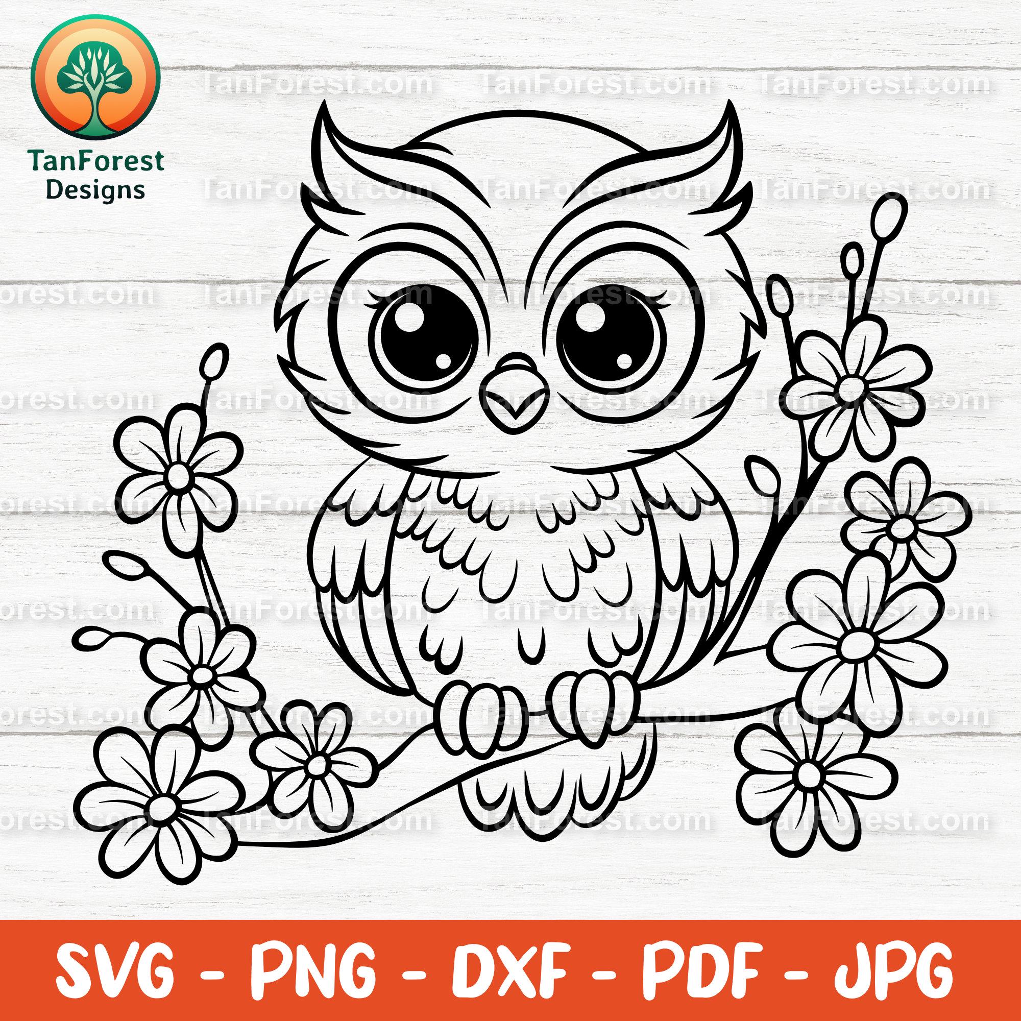Cue Owl SVG Outline - Cut files for Cricut & Silhouette. Woodland Bird on a Branch Clipart, Flor